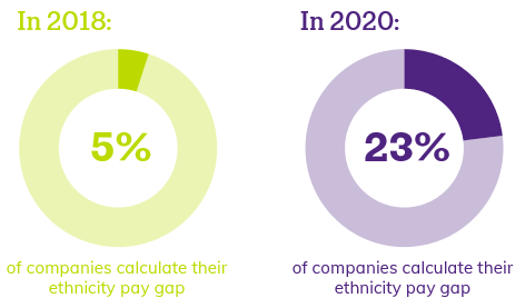 In 2018, 5% of companies calculate their ethnicity pay gap. In 2020, 23% of companies calculate their ethnicity pay gap.
